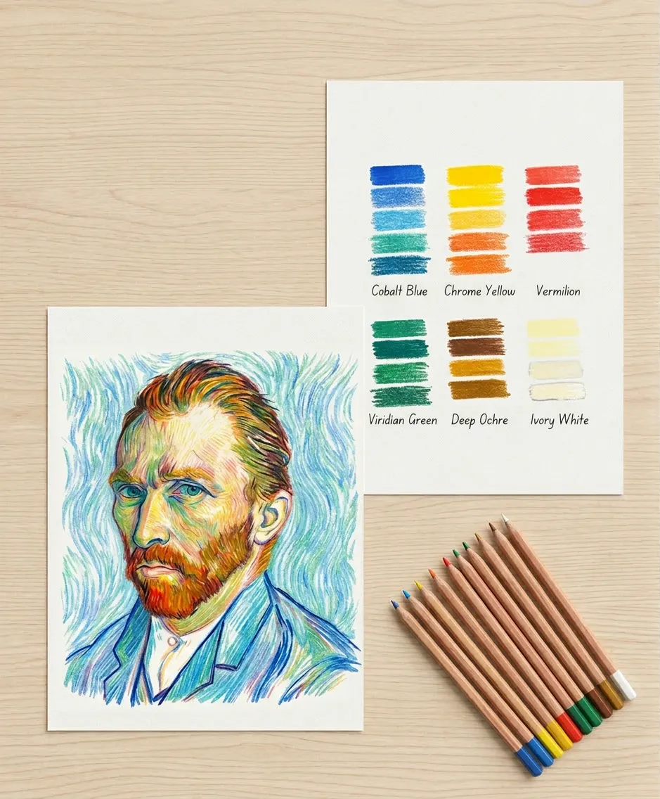 Famous artist palette decoder showing Matisse, Kahlo, and Warhol color palettes mapped to colored pencils