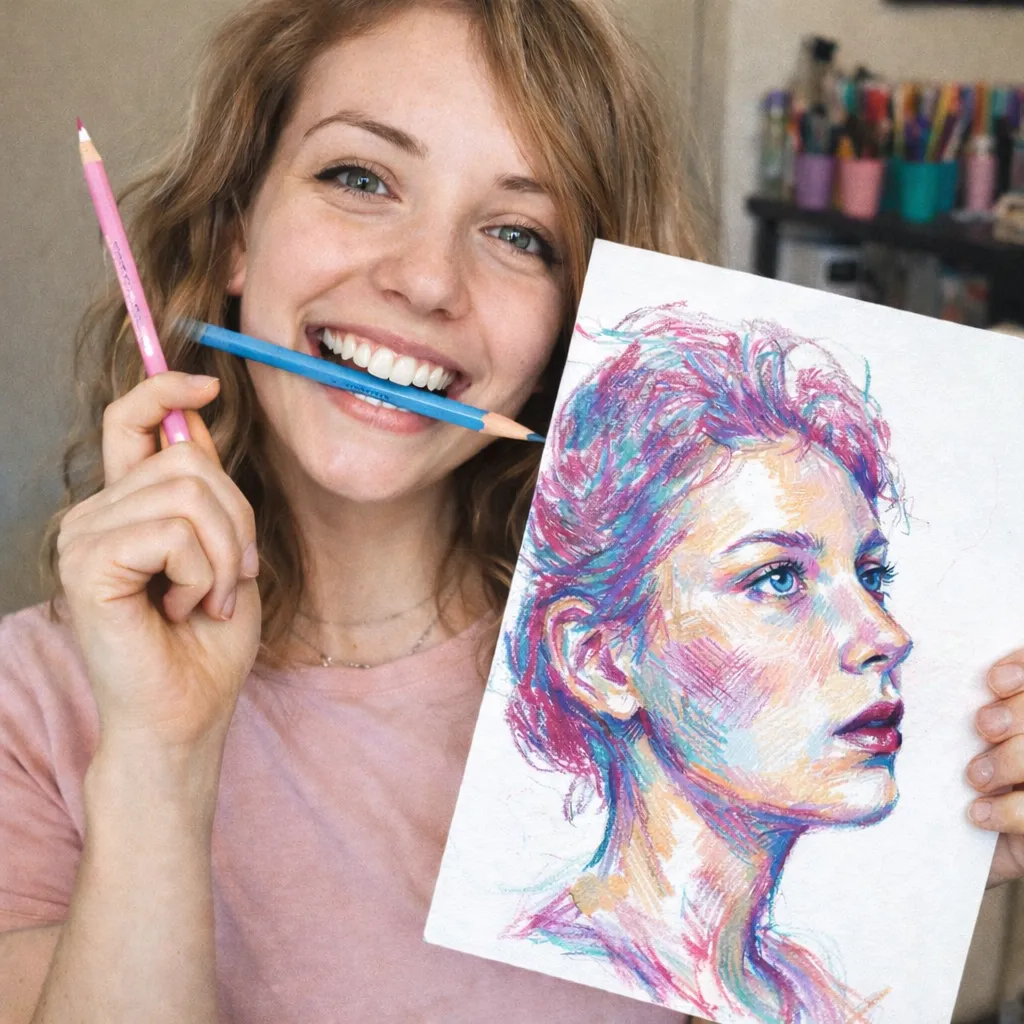 Ashley holding a colorful pencil portrait