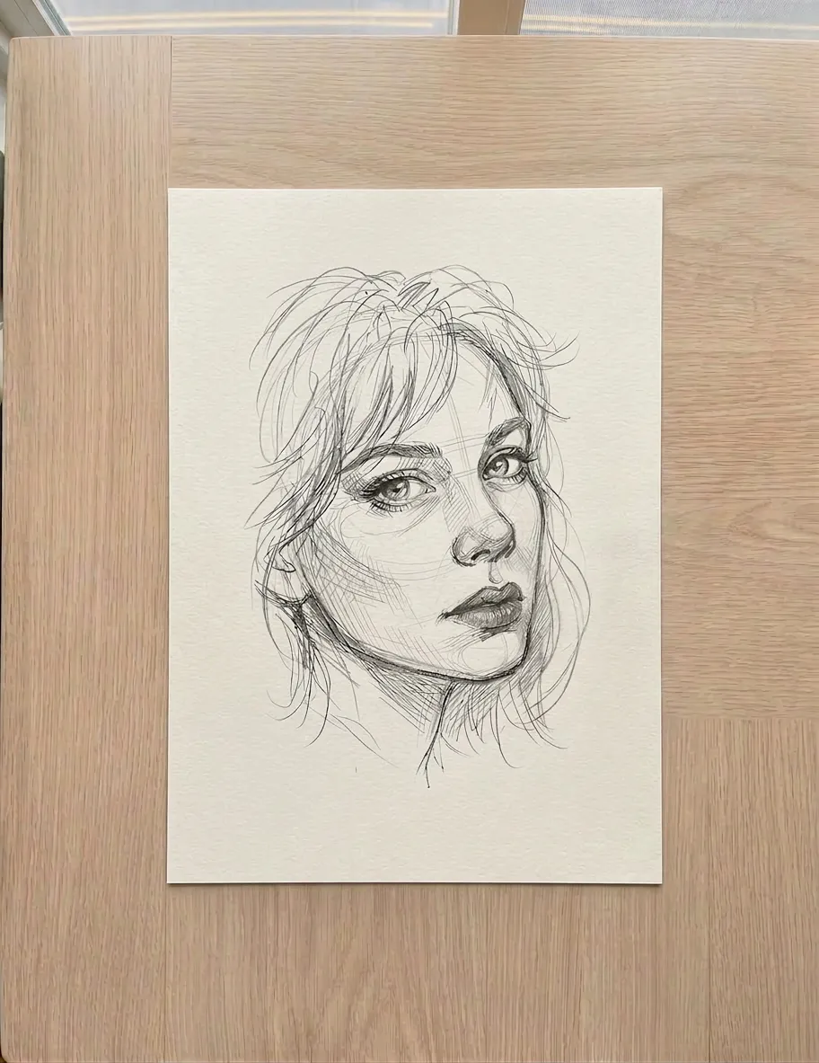 Sketching facial proportions with light pencil guidelines