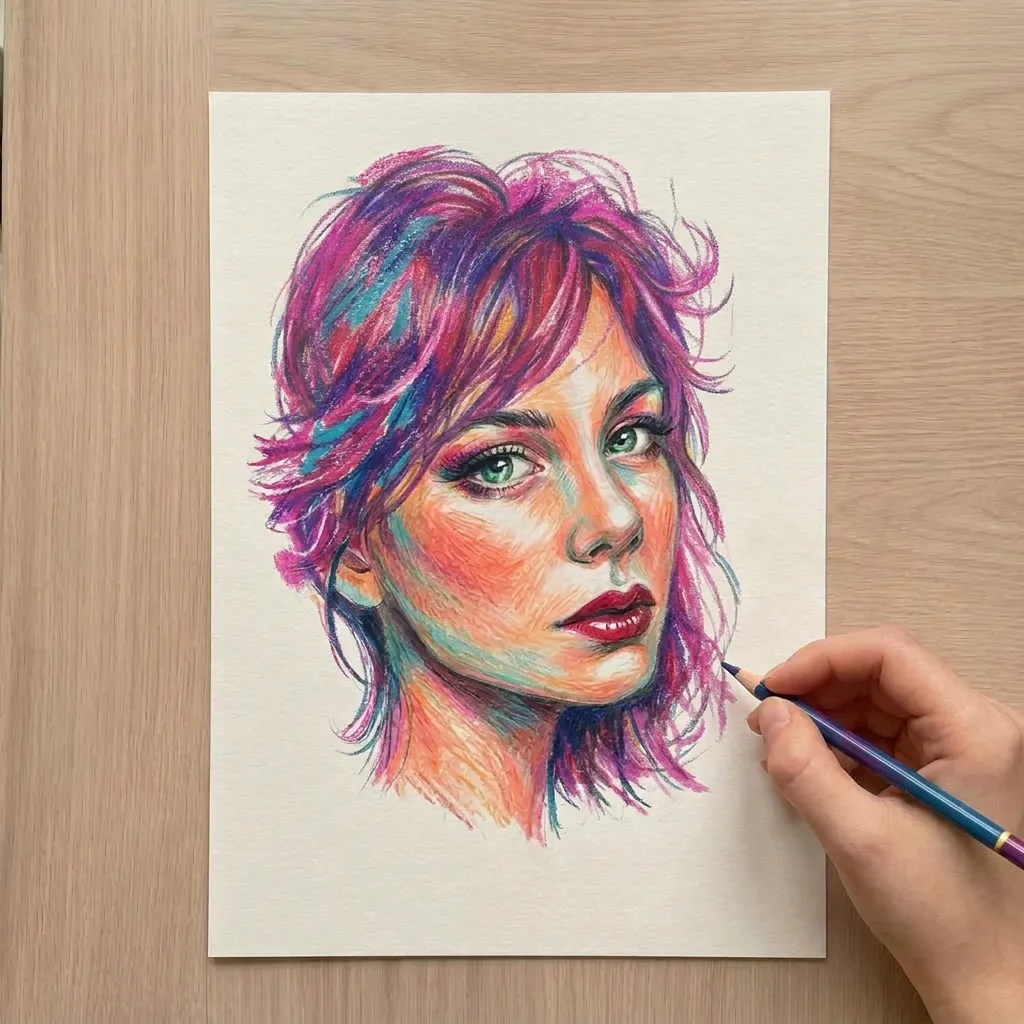 Colorful pencil portrait with vibrant pink and teal